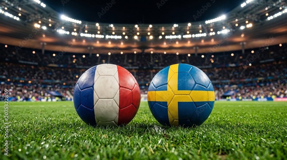 Obraz premium Soccer Balls with France and Sweden Flags on Stadium Grass Field Before Match