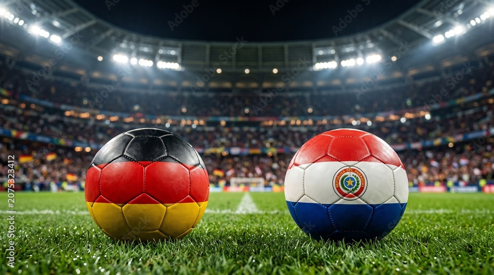 Obraz premium Soccer Balls with Germany and Paraguay Flags on Stadium Grass Field Before Match
