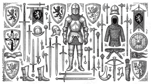 Fotografie Medieval Knight Armor and Weapons Collection - Vintage Illustration