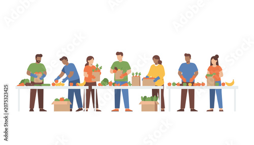 Volunteers or staff members sorting and packing fresh vegetables and assorted fruits into bags at a communal food bank or pantry station.