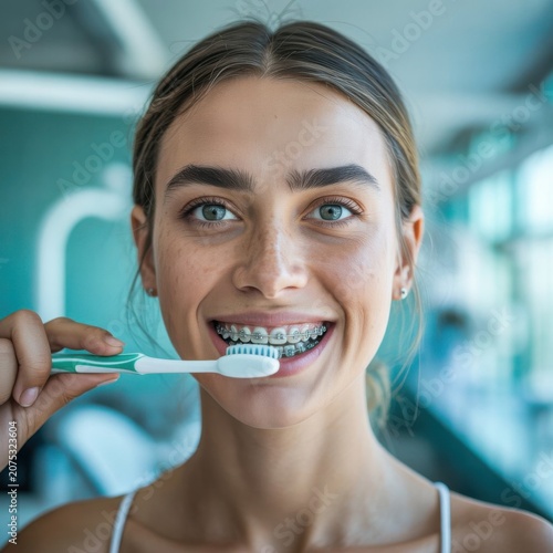 Close-up of young woman smiling with metal dental braces on teeth