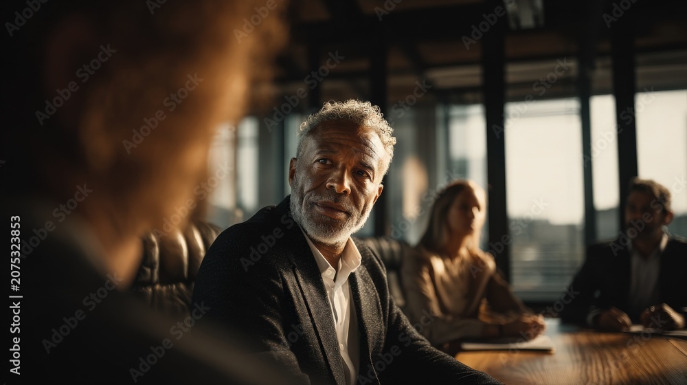 Obraz premium Experienced businessman in formal attire confidently engaging in a meeting with colleagues in a modern office setting