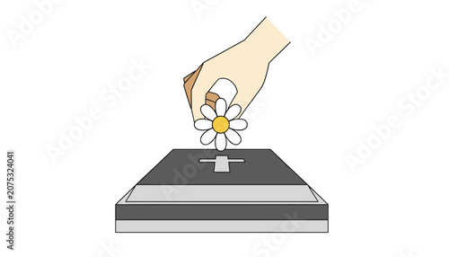 Hand gently placing a white daisy flower on top of a tombstone grave marker with a Christian cross symbol in a solemn memorial ceremony setting.