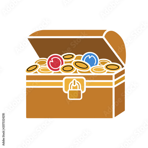 Open treasure chest with gold coins and icons