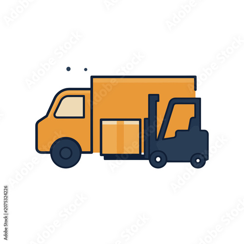 Orange delivery truck and blue forklift with cargo box