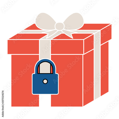 Red gift box with blue padlock and white ribbon bow