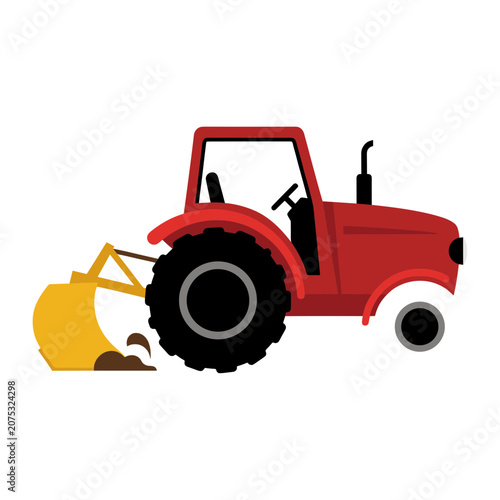 Red tractor with yellow loader bucket, flat vector illustration