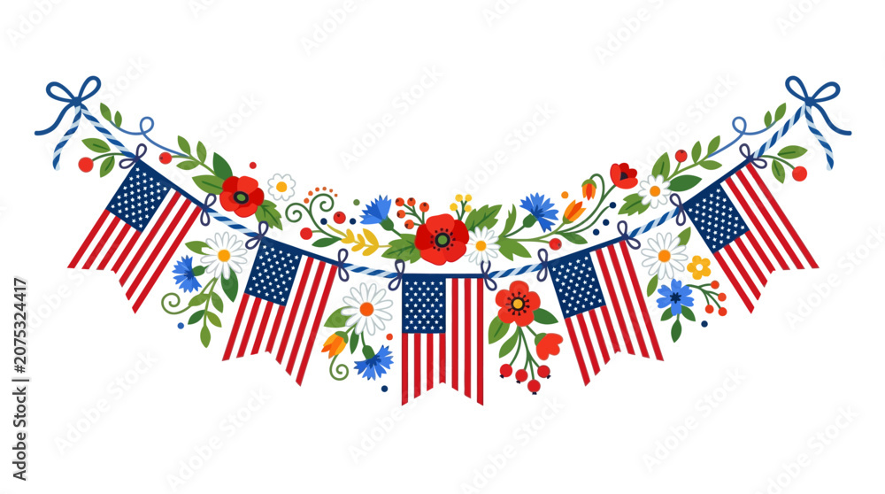 Fototapeta premium Patriotic banner, American flags, floral garland, 4th of July decoration, vector illustration