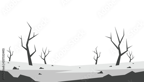 Desolate landscape featuring multiple dead trees and scattered rocks on barren grey terrain representing drought and environmental destruction.