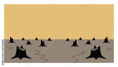 Cleared forest area with tree stumps on a barren brown landscape highlighting the consequences of massive deforestation and habitat loss.