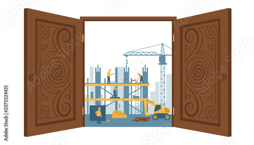 Open decorative doors showing workers building a high-rise structure with crane and scaffolding in an urban construction project environment.