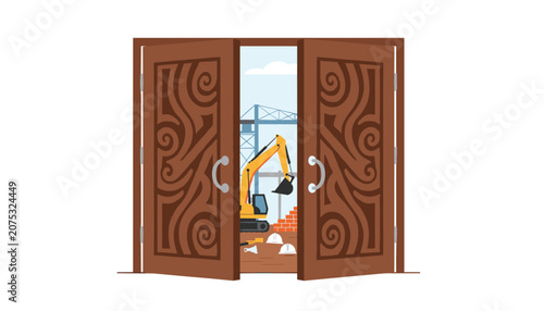 Pair of ornate wooden doors opening to reveal an active construction site with a yellow excavator and building materials ready for development.