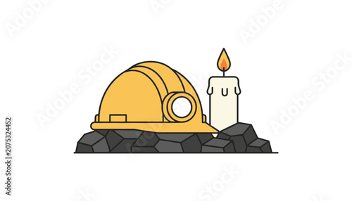 Yellow miner helmet with a headlamp placed next to a burning candle upon a pile of raw coal representing classic and historical mining methods.
