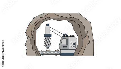 Tunnel boring machine drilling into rock walls with a conveyor belt system for efficient mineral extraction and industrial mining operations.