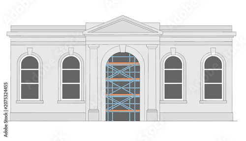 Classical architectural facade with arched windows and central doorway supported by scaffolding indicating ongoing renovation or construction work.