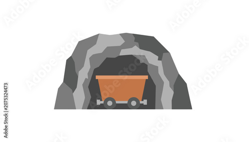 Mine cart sitting inside the entrance of a dark rock tunnel symbolizing excavation work and mineral transport within a mining industry setting.