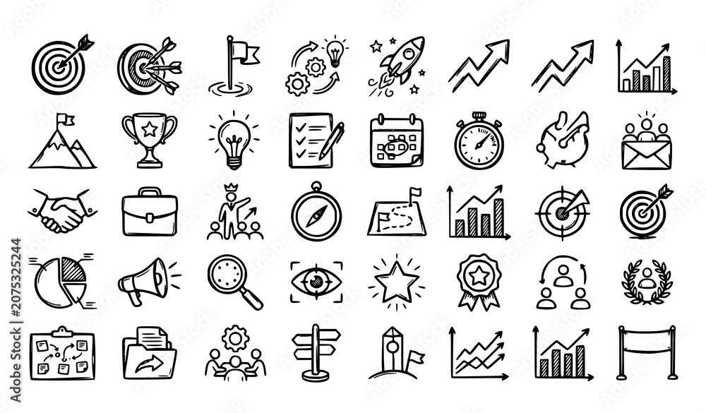 Fototapeta premium Hand Drawn Business Objective Doodle Icons with Success Target Goal Strategy and Achievement Vector Set