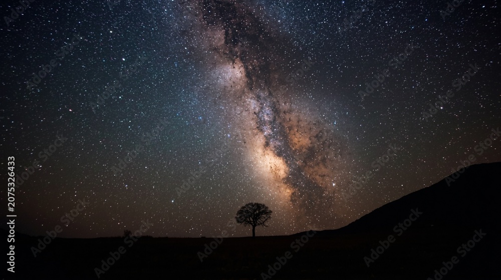 Fototapeta premium The Milky Way and a star-studded night sky above the silhouette of the landscape.