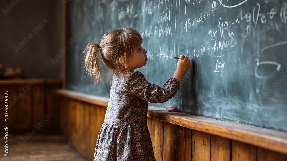 Obraz premium A young girl writing mathematical equations on a chalkboard in a classroom.