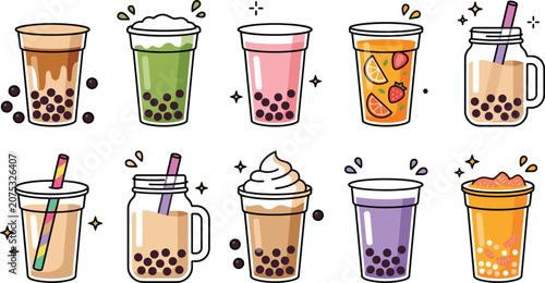 Fotografía Cute bubble tea vector icon set with various flavors of boba milk drink isolated
