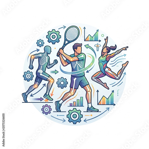 Athletes with skeletal anatomy and data analysis.