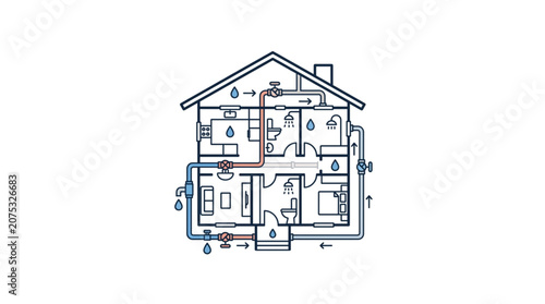 Architectural blueprint of a two-story house with rooms and details.