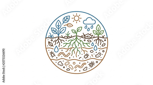 Illustration of plant growth cycle and soil ecosystem.