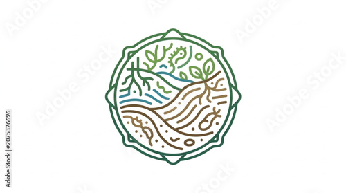 Circular emblem representing nature and growth with plants and water.