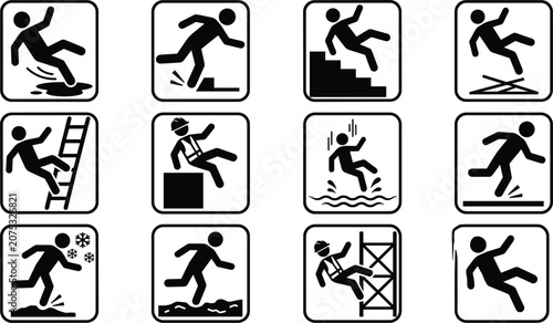 Tableau sur toile Slip trip and fall hazard warning sign vector icon set with workplace accident p