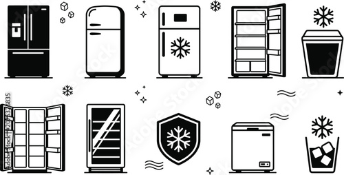 Obraz na plátne Refrigerator and freezer line icon set with open fridge home appliance ice cubes