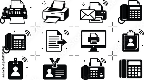 Canvastavla Office printer fax machine and telephone icon set with communication document an