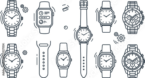 Quadro su tela Modern wristwatch line icon set with smartwatch luxury chronograph and fitness t