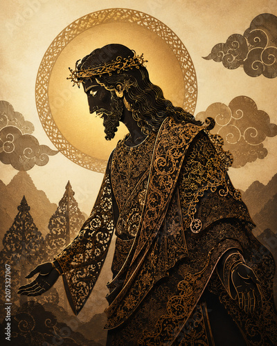 Regal figure in ornate robe and crown, exuding authority and mystique with intricate golden details and majestic presence.