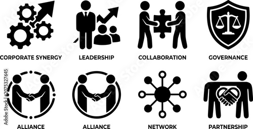 Business integration icon set. Corporate synergy, leadership, collaboration, governance, alliance, network, and partnership solid symbols.
