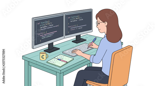 Woman programmer working on dual monitors, coding on a computer, illustration