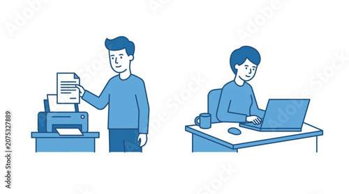 Man Printing Documents and Woman Working on Laptop at Desk