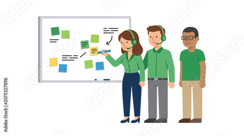 Diverse team collaborating on whiteboard with sticky notes and diagrams