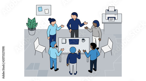 Diverse team meeting in modern office, discussing ideas around table with laptop and printer