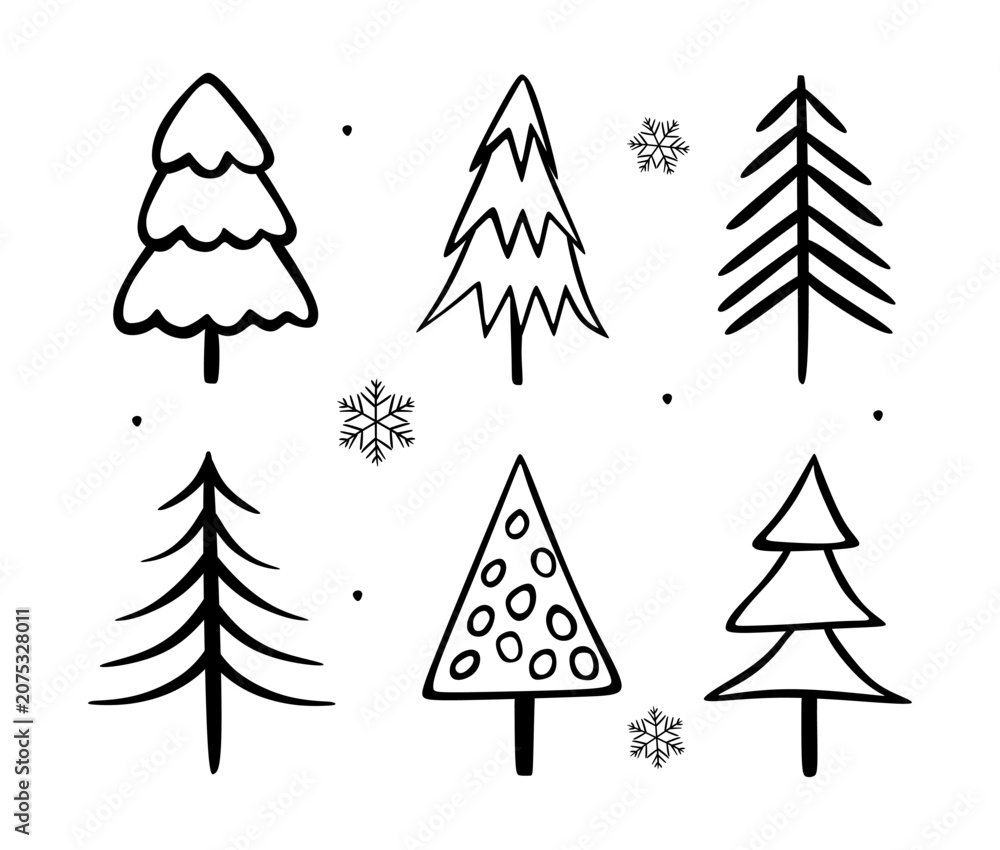 Obraz premium Cute doodle christmas tree icon collection. Hand drawn pine and fir line art set. Black ink sketch winter holiday snowflake element isolated on white background. Xmas decoration elements. Vector 