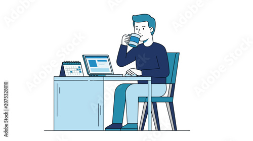 Man drinking coffee at desk with laptop and calendar, working from home, illustration