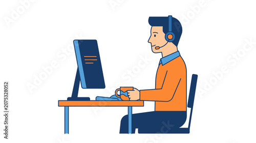 Customer service agent with headset and computer at desk, drinking coffee