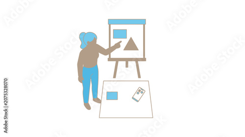 Woman teaching geometry shapes on whiteboard easel, pointing to triangle and square.