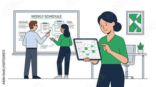 Team planning weekly schedule on whiteboard and tablet, collaboration, business organization