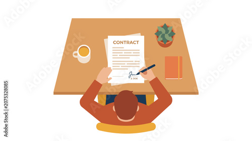 Person signing a contract on a desk with coffee and plant, top view
