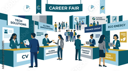 Diverse professionals at a career fair, networking and seeking opportunities.