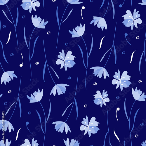 Seamless floral pattern with blue flowers in Scandinavian style