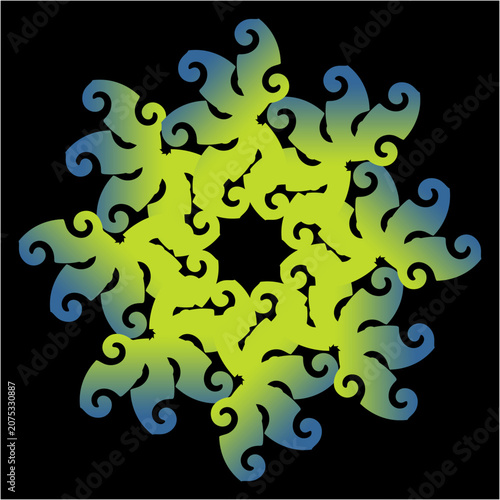 фотографія Intricate curling scrolls layer outward in a lime-to-teal gradient ring, surroun