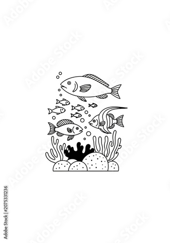 Line art school of fish swimming near coral and anemone