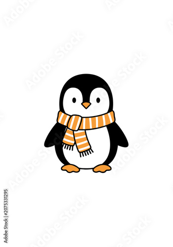 Cute cartoon penguin with orange striped scarf