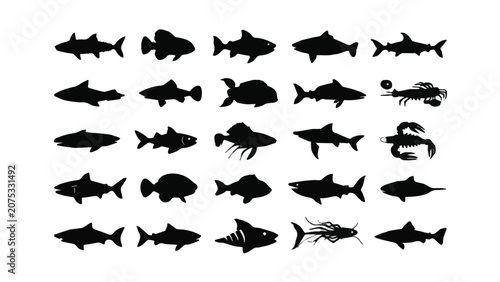 Collection of Various Fish Species Silhouettes for Marine Illustration.